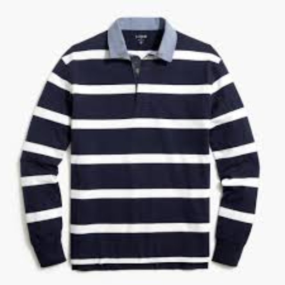 J Crew Rugby navy and white striped long sleeve polo shirt chambray collar